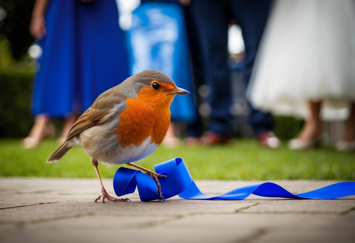 A robin drops a blue ribbon at the bride's feet