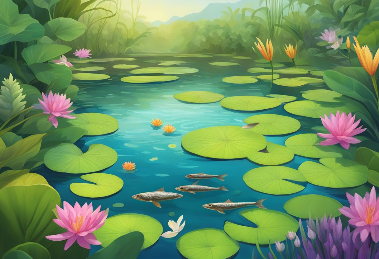 Lush green plants and colorful flowers surround a tranquil pond, with lily pads floating on the water's surface and small fish swimming beneath