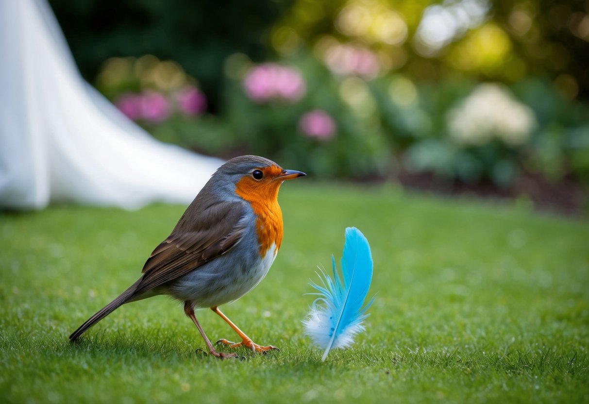 A robin drops a delicate blue feather at the bride's feet in a garden