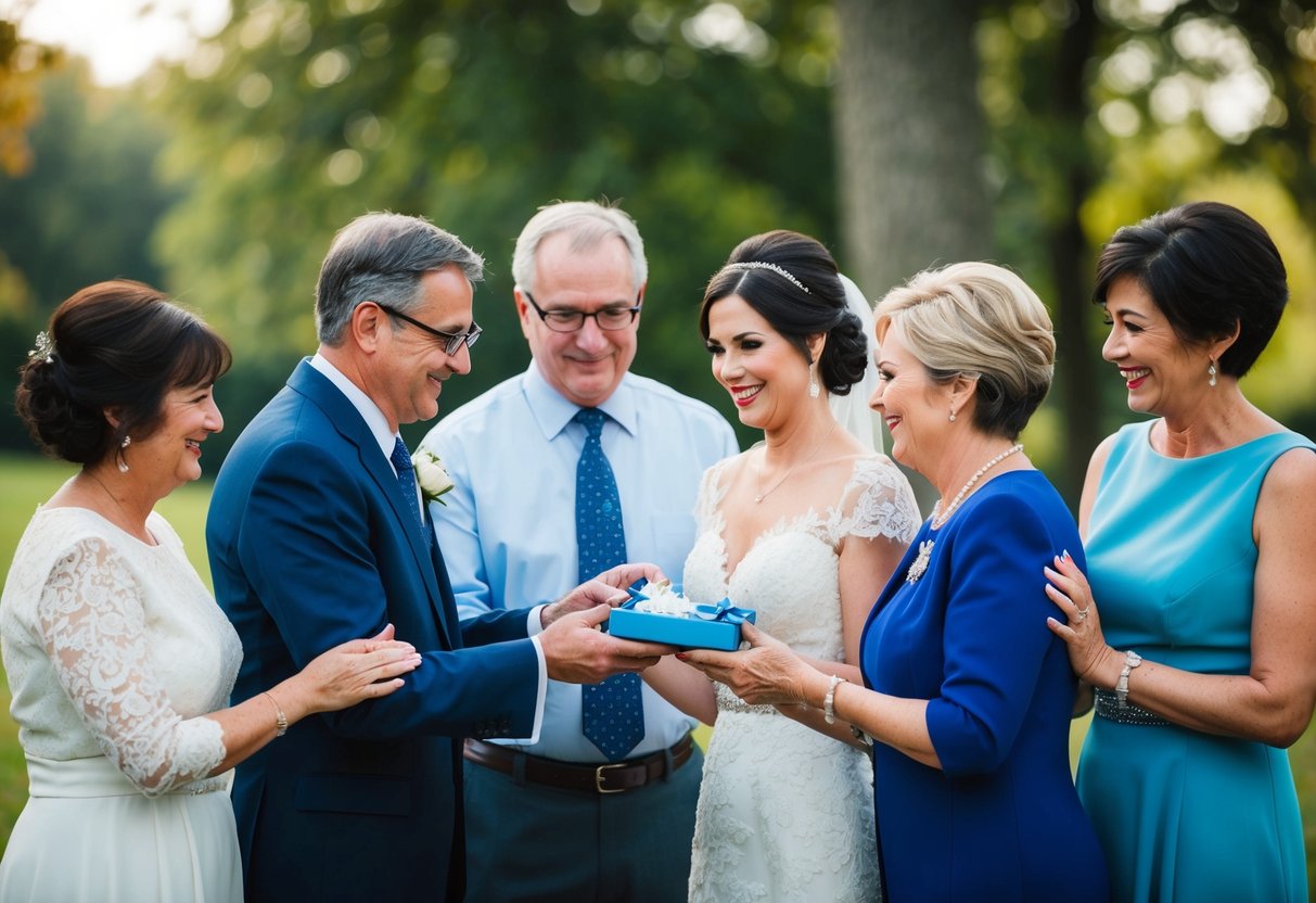 A bride's family members gather to present her with something blue, symbolizing their love and support for her upcoming marriage