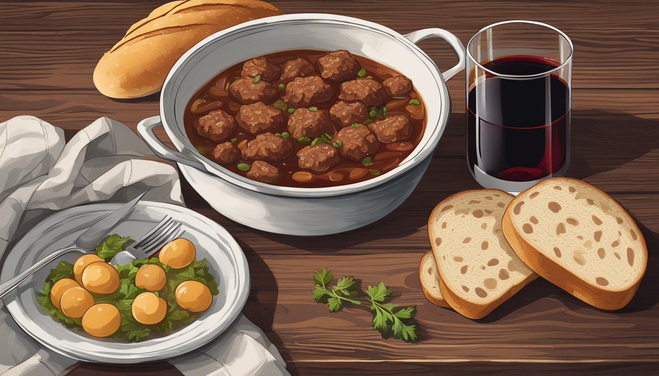 A steaming bowl of beef ragu sits next to a crusty loaf of bread and a glass of red wine on a rustic wooden table