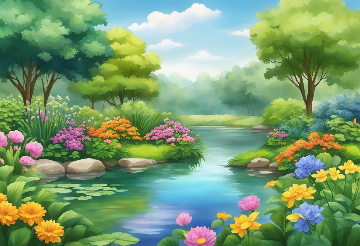 Lush green plants and colorful flowers surround a serene pond, creating a harmonious and natural landscape