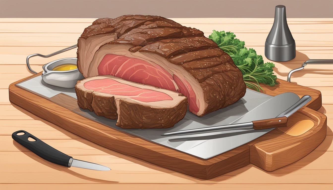 A prime rib roast sits on a cutting board next to a meat thermometer and a pan of au jus