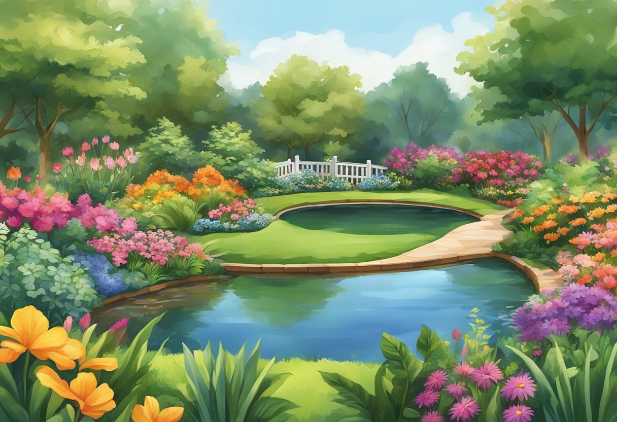 A variety of colorful flowers and lush green foliage surround a newly constructed pond, creating a vibrant and natural landscape