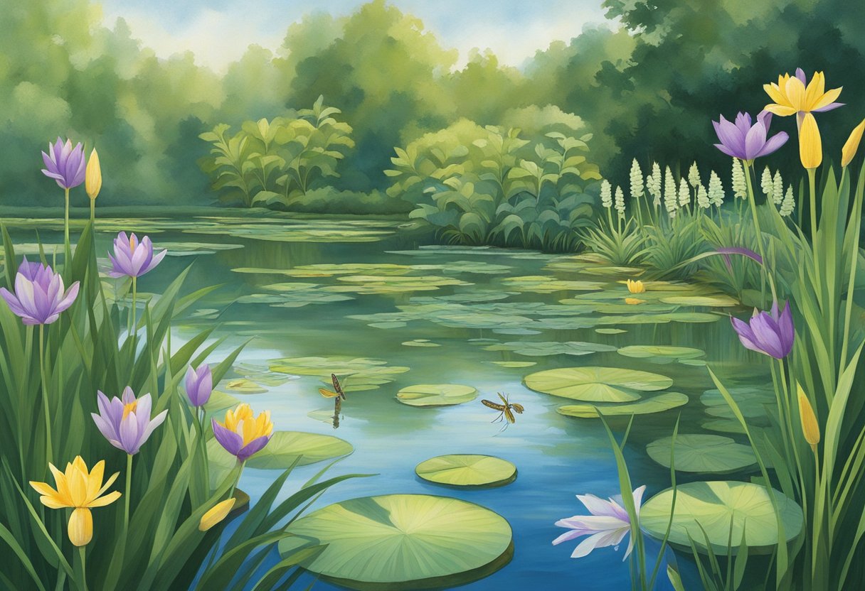 Lush green plants like iris, cattails, and water lilies line the edge of a tranquil pond, their roots reaching into the water. Dragonflies flit among the leaves, and a frog perches on a lily pad