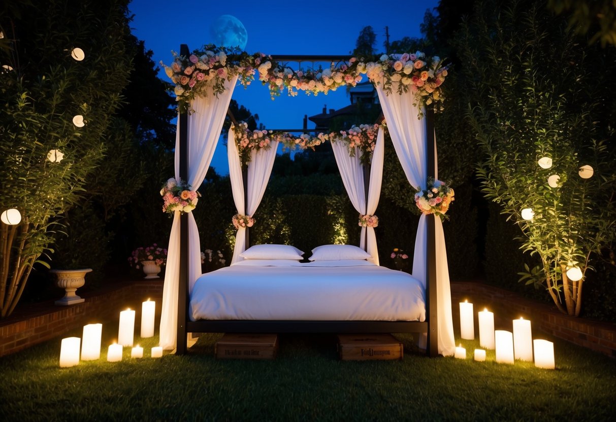 A moonlit garden with a canopy bed adorned with flowers and candles