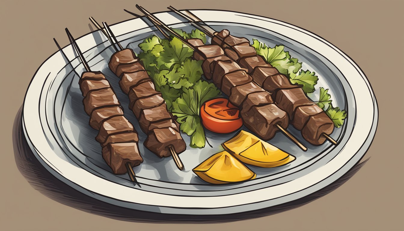 A plate of reheated beef kabobs steaming on a serving platter