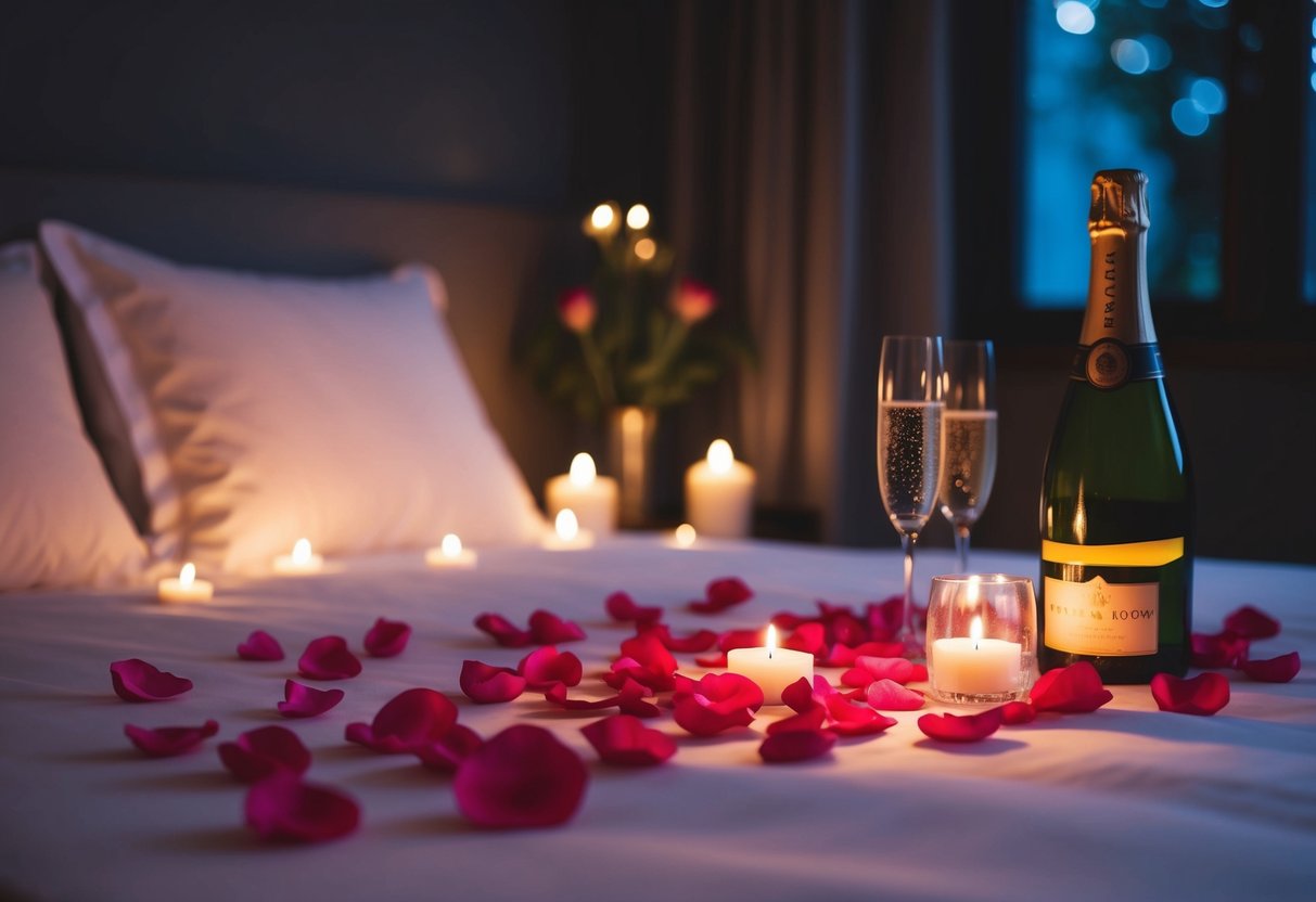 A dimly lit room with rose petals scattered on a bed, soft candlelight, and a bottle of champagne on ice