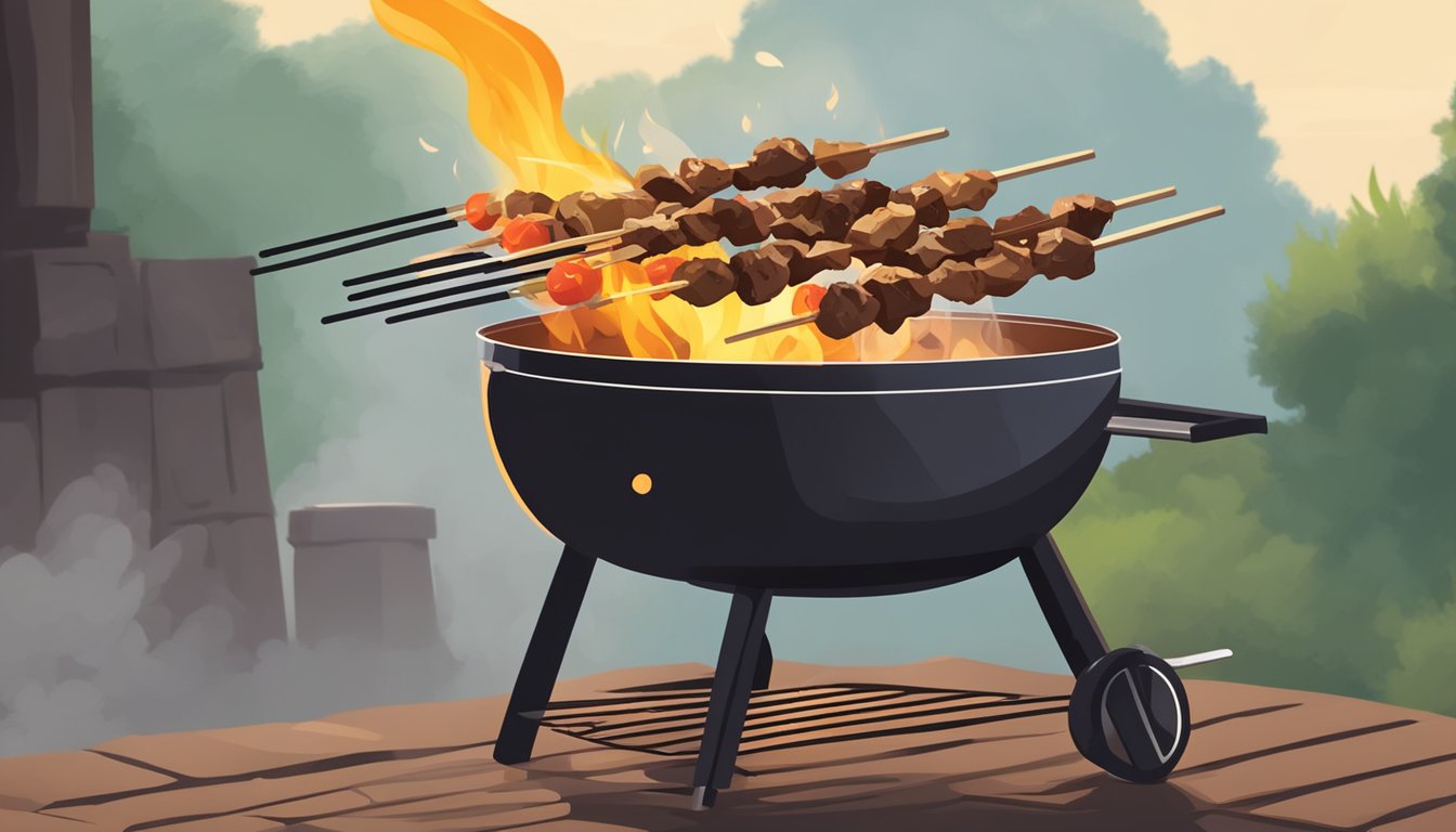 Beef satay on a grill, sizzling over hot coals with skewers, surrounded by aromatic smoke and charred grill marks