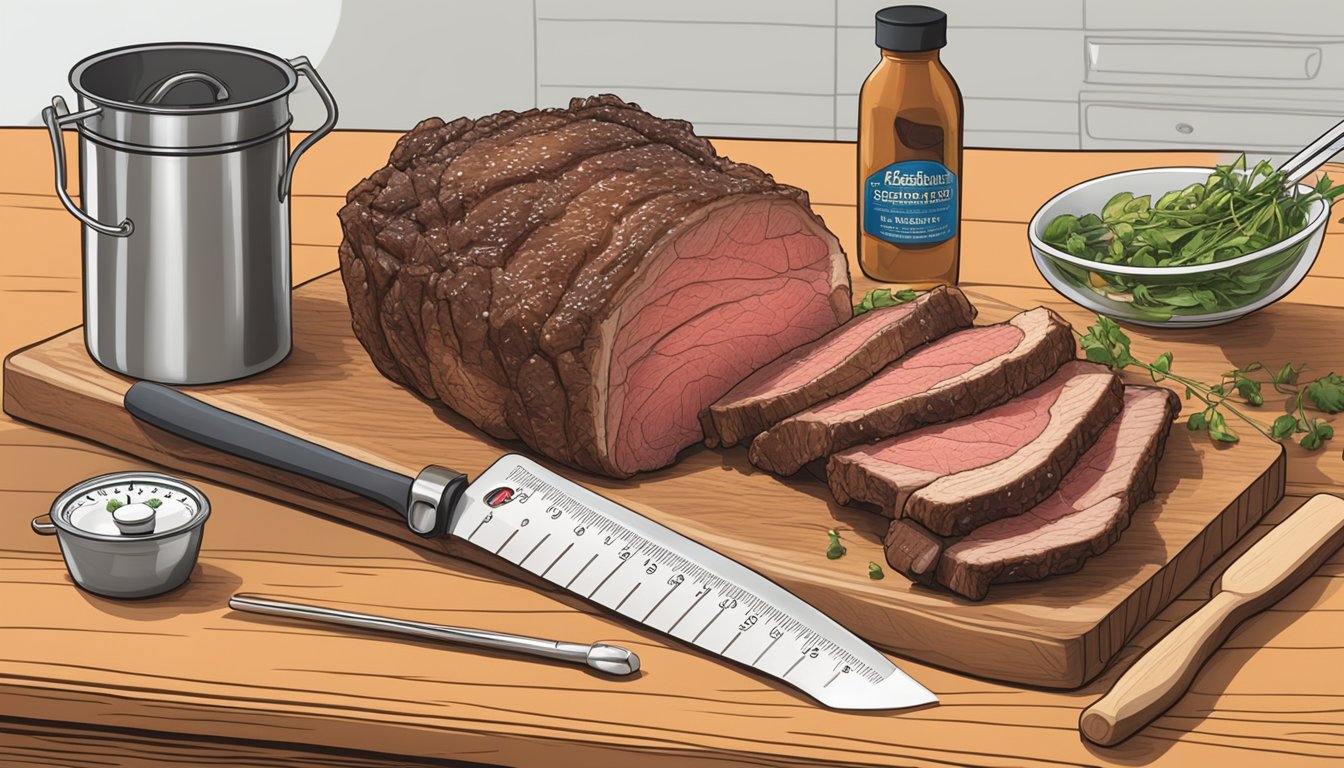 A beef rib roast sits on a wooden cutting board next to a thermometer and a container of reheating instructions