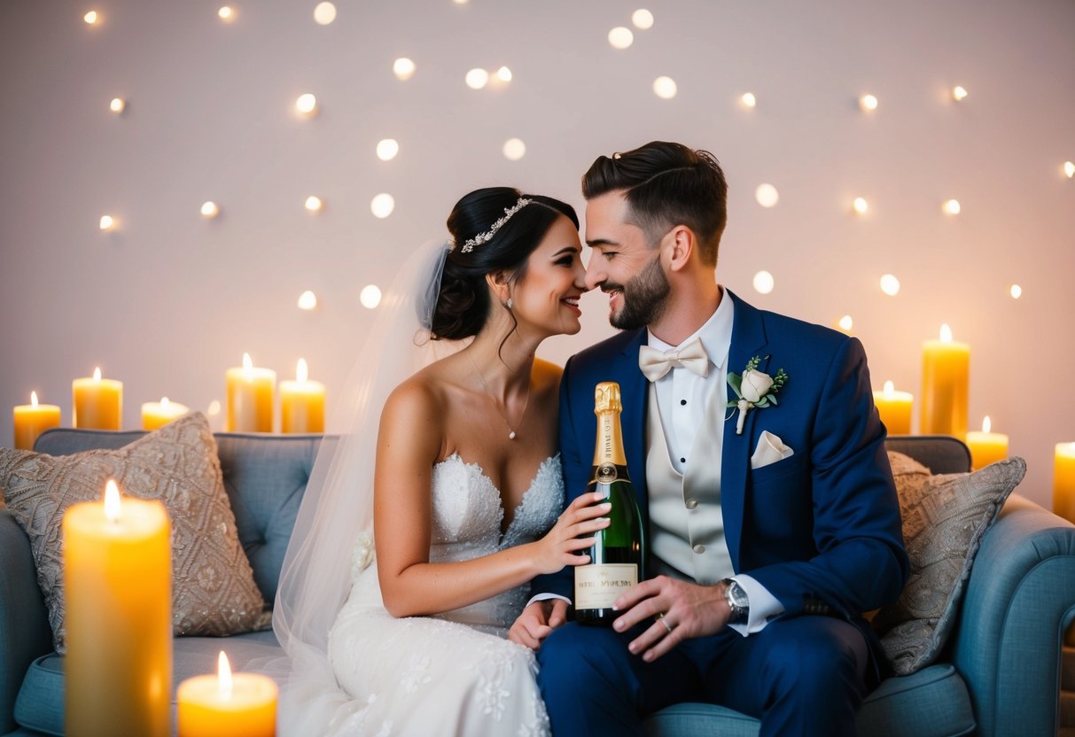 A bride and groom sitting together on a cozy couch, surrounded by flickering candlelight and a bottle of champagne on ice