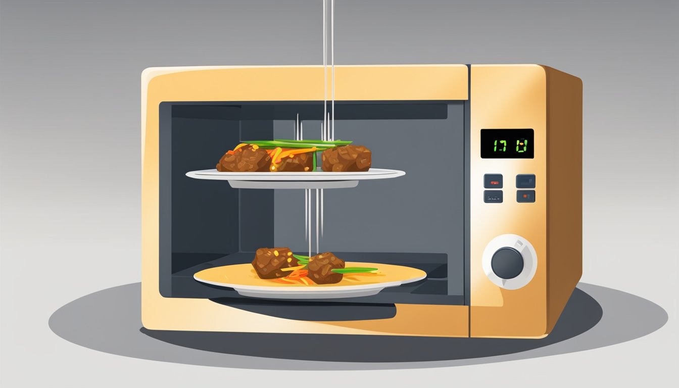 Beef satay on a plate, being reheated in a microwave. Temperature gauge showing safe level