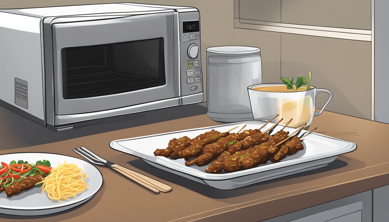 A plate of beef satay sits on a microwave-safe dish next to a microwave oven. The dish is covered with a microwave-safe lid