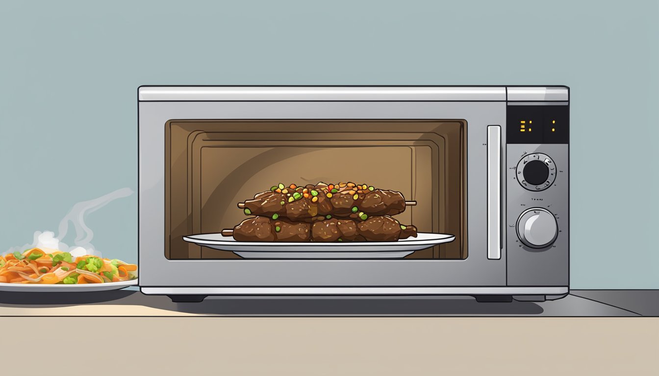 A microwave with a plate of beef satay inside, surrounded by steam