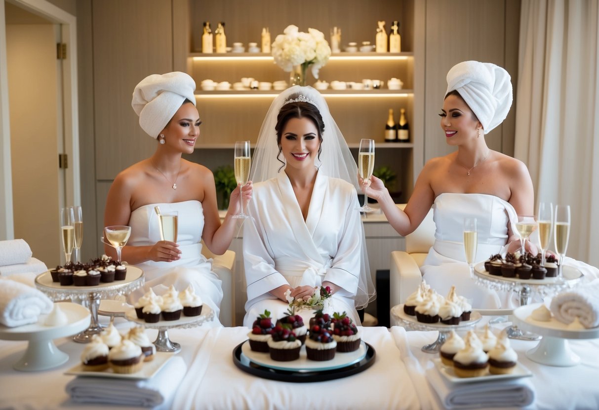 A bride sits surrounded by luxurious spa treatments, champagne, and decadent desserts, as she is pampered and spoiled before her wedding day