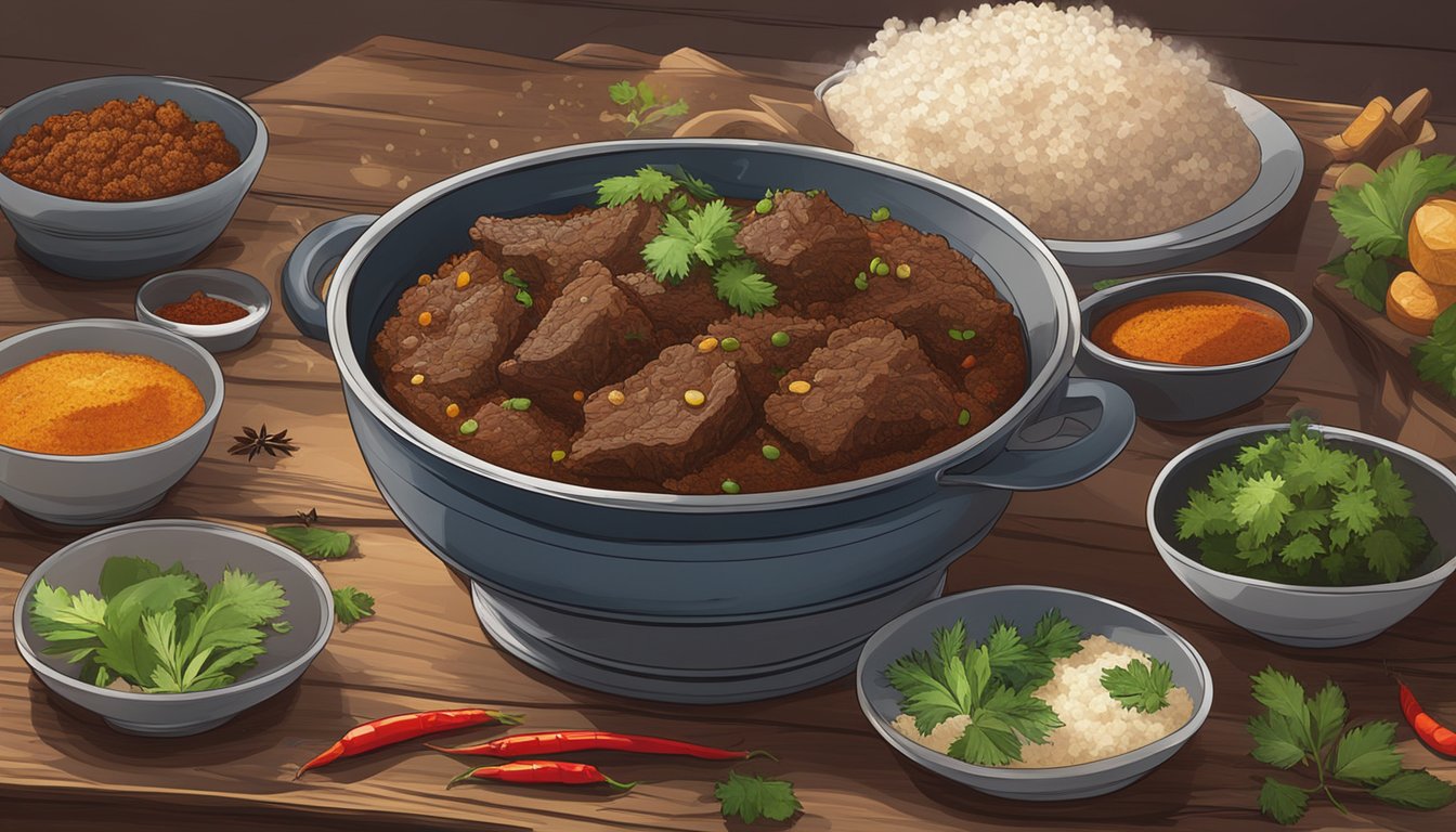 A steaming bowl of beef rendang sits on a wooden table, surrounded by aromatic spices and herbs