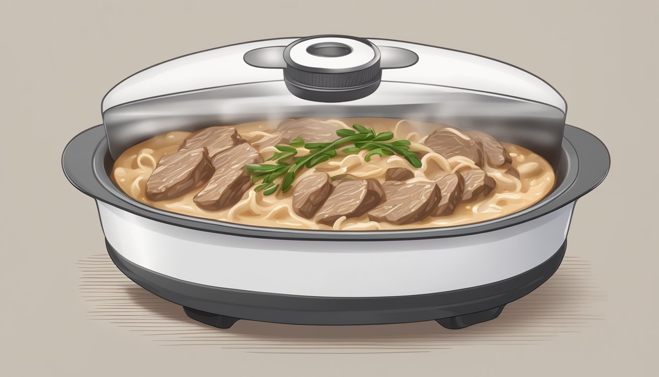 A steaming bowl of beef stroganoff being reheated in a microwave, with the creamy sauce bubbling and the tender strips of beef glistening