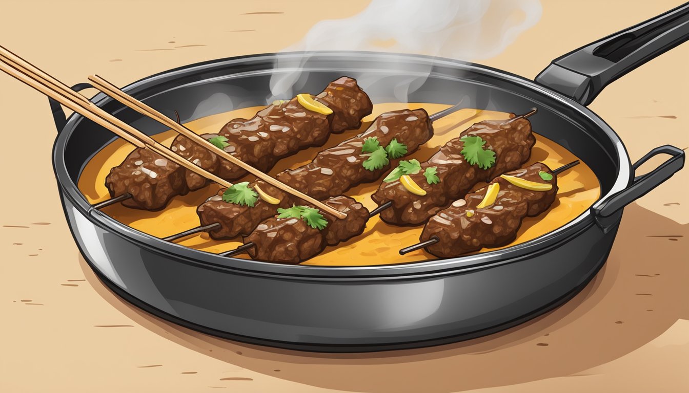 Beef satay being gently reheated on a non-stick skillet over low heat, with a lid to maintain moisture and texture