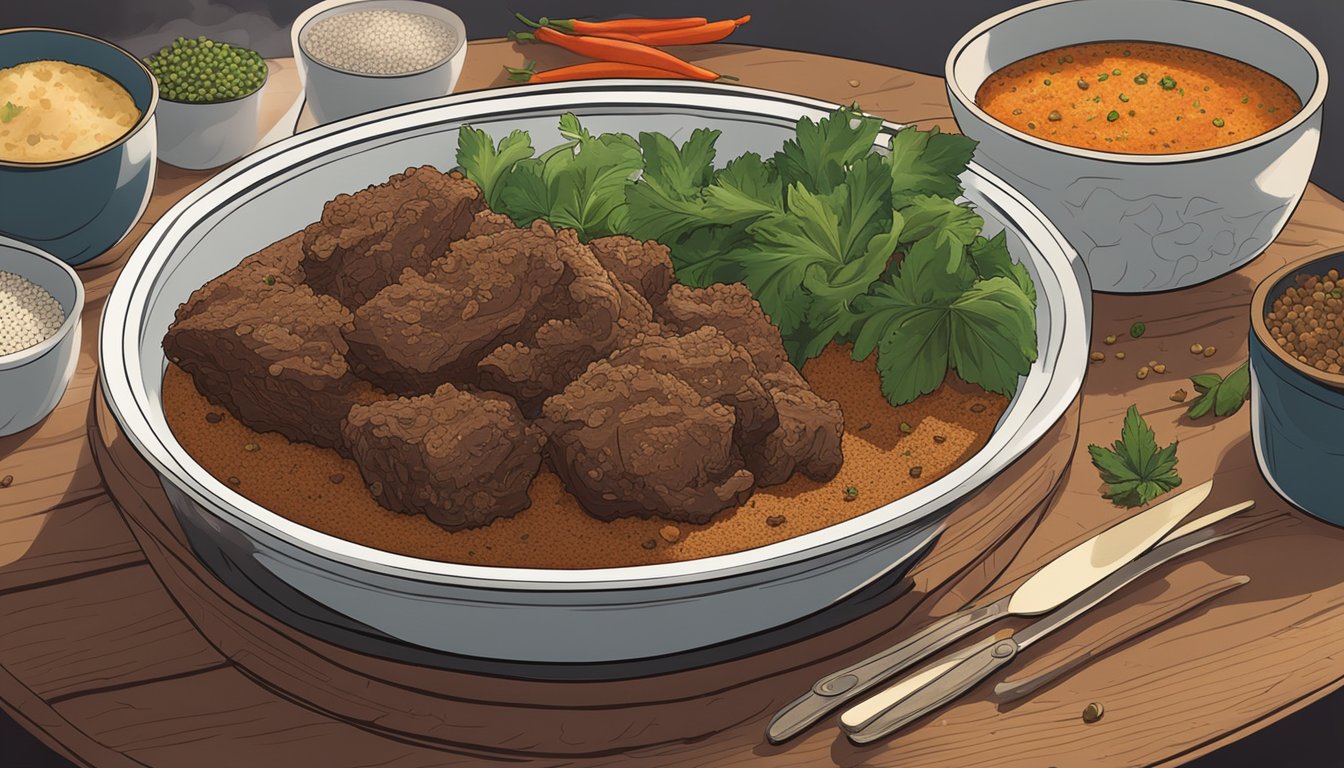 A steaming bowl of beef rendang sits on a wooden table, surrounded by aromatic spices and herbs. A microwave and stovetop are nearby, offering different reheating options