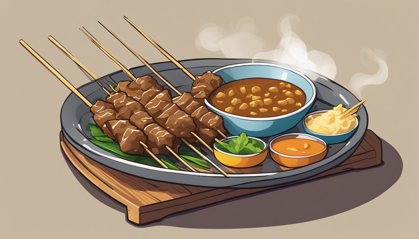 A plate of reheated beef satay on a wooden serving platter, with steam rising from the skewers