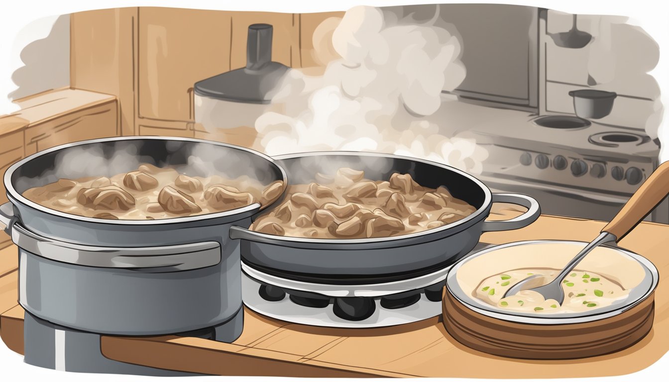 A pot of beef stroganoff simmering on a stovetop, steam rising from the creamy sauce as a wooden spoon stirs the mixture