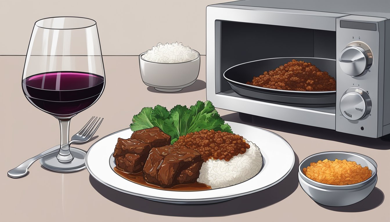 A plate of beef rendang being reheated in a microwave, with a glass of red wine and a side of steamed rice on the side