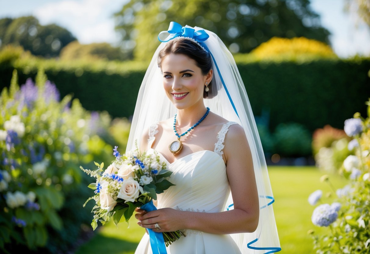 A bride holds a vintage locket, a new bouquet, a borrowed veil, and a blue ribbon, standing in a sunlit garden