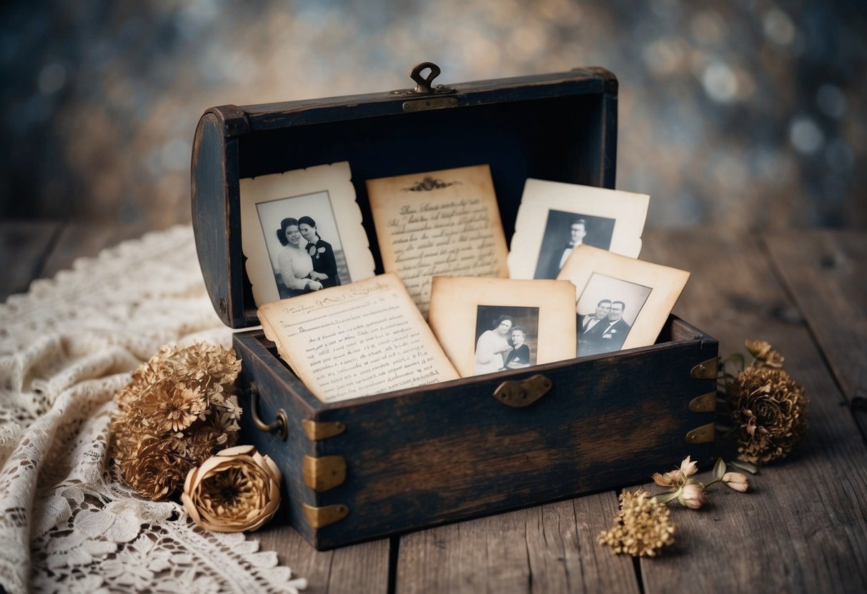 A vintage, weathered wooden chest filled with aged love letters and faded photographs, surrounded by antique lace and dried flowers