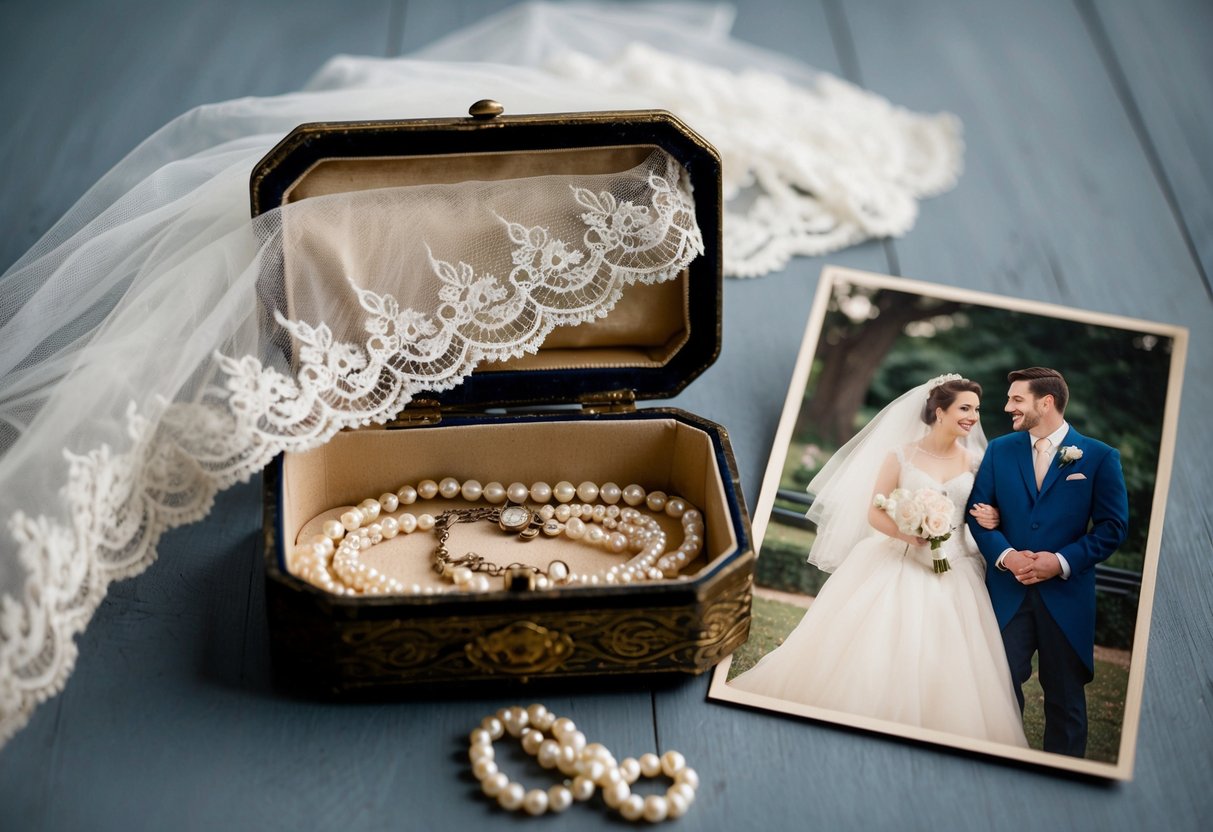 A vintage lace veil draped over an antique jewelry box filled with heirloom pearls and a faded photograph of a couple on their wedding day