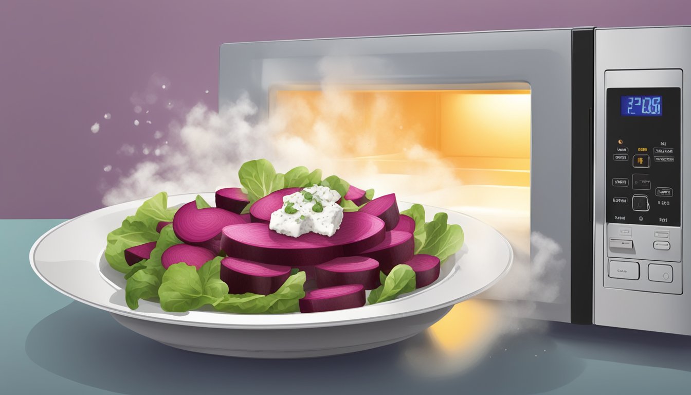 A plate of beet and goat cheese salad being gently warmed in the microwave, with steam rising from the dish