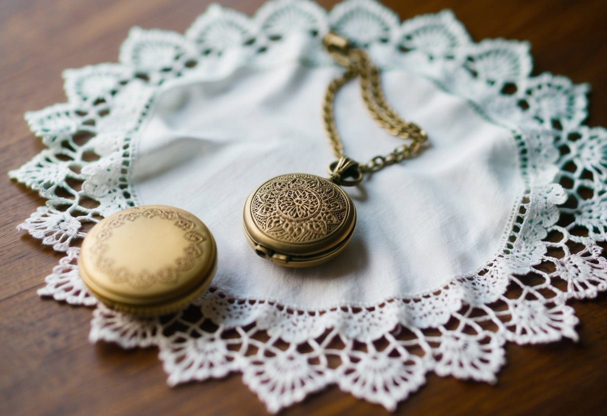 A vintage lace handkerchief and antique locket on a lace doily