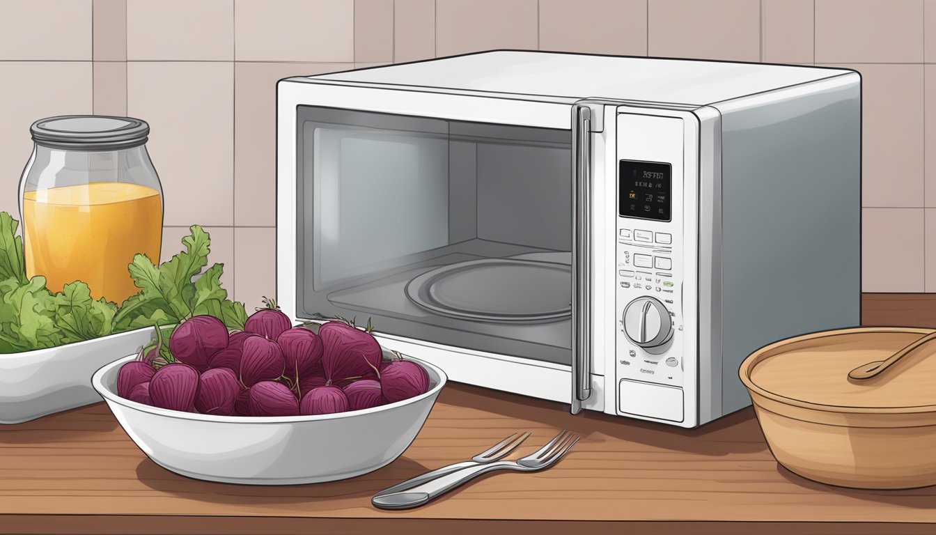 A microwave with a bowl of beet and goat cheese salad covered with a microwave-safe lid, a fork, and a fresh beet and goat cheese on a cutting board