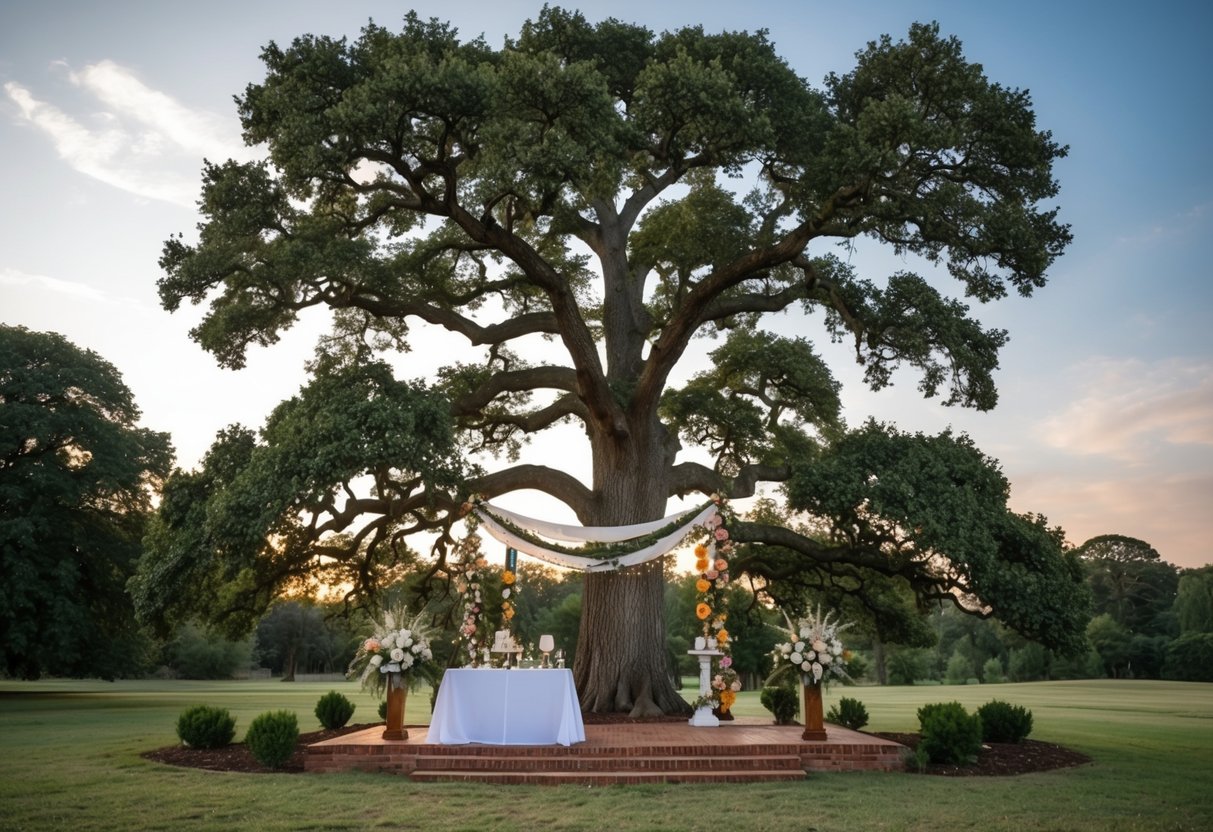 An ancient oak tree stands as a wedding altar, adorned with symbols of various cultural traditions. A tapestry of history and heritage unfolds under its branches