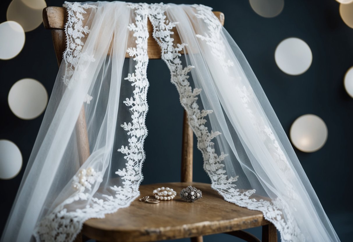 A vintage lace veil draped over a weathered wooden chair, surrounded by antique brooches and pearls