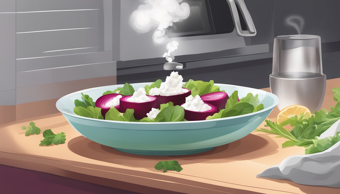 A bowl of beet and goat cheese salad being gently reheated in the microwave, steam rising from the vibrant ingredients, maintaining their freshness