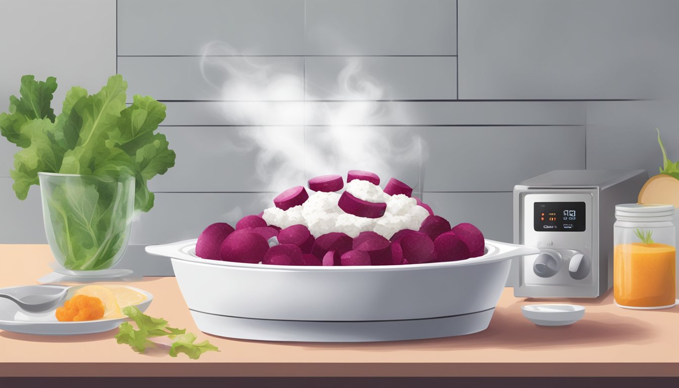 A bowl of beet and goat cheese salad being gently reheated in a microwave, with steam rising from the dish to indicate the freshness of the ingredients