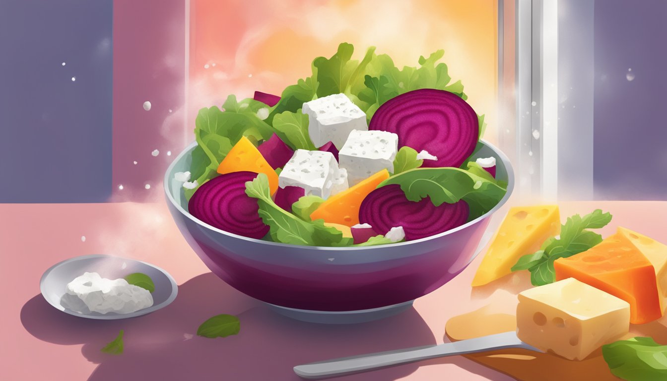 A bowl of beet and goat cheese salad being gently reheated in a microwave, with steam rising and the vibrant colors of the vegetables and cheese shining through