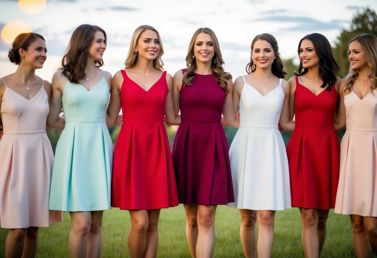 A group of women in matching dresses stand together, one distinct from the others