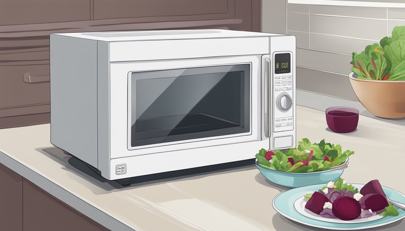 A microwave with a plate of beet and goat cheese salad inside, a fork beside it, and a steam cover on top