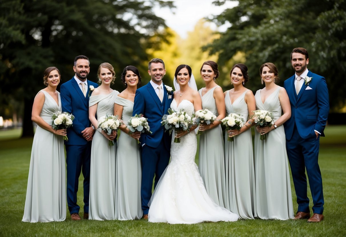 A group of bridesmaids and groomsmen stand together, with the groom's sister included among the bridesmaids. They are all dressed in elegant wedding attire