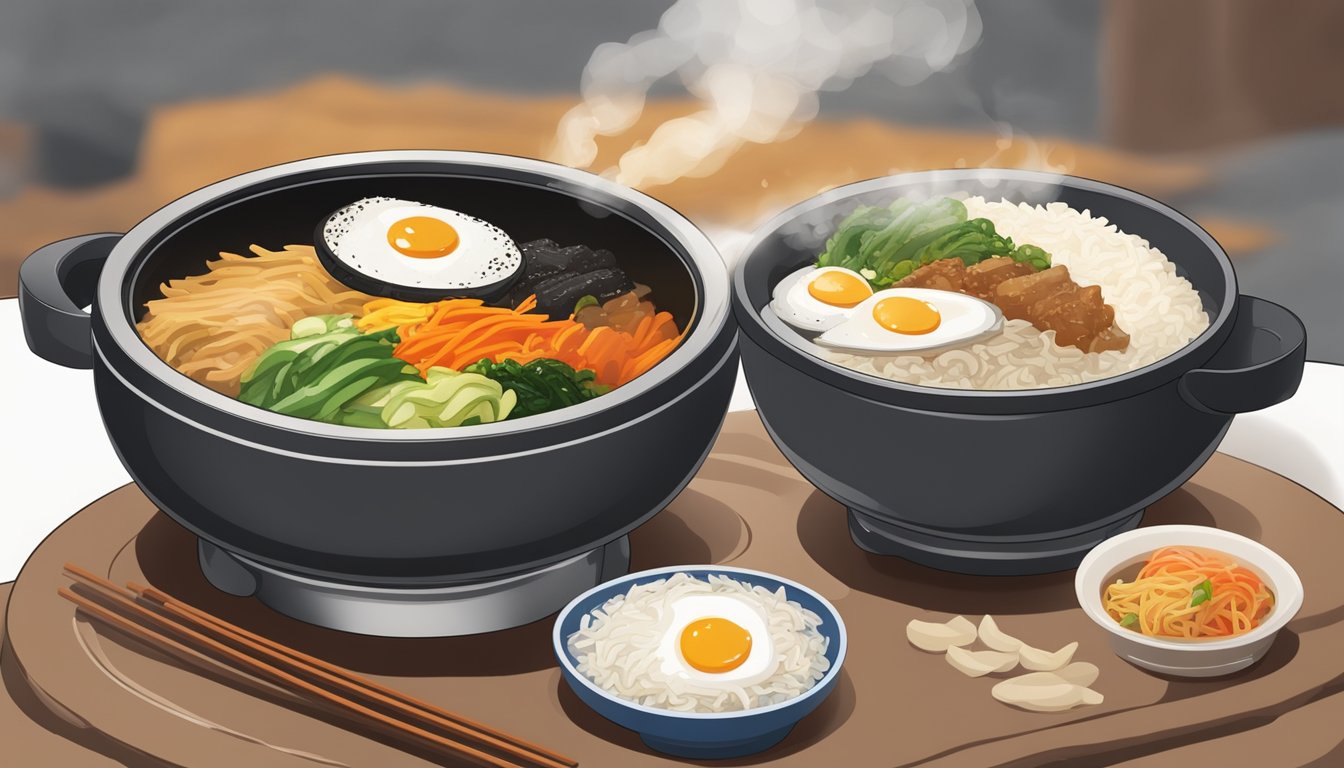 A bowl of bibimbap being heated in a sizzling hot stone pot, with steam rising and the rice beginning to crisp up on the bottom