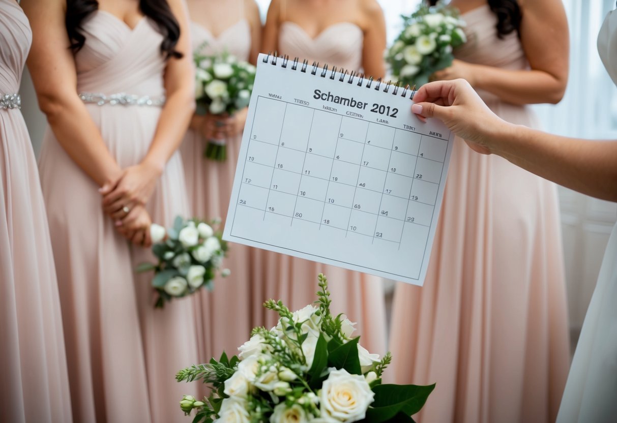 A person holds a blank calendar, contemplating dates, while surrounded by elegant bridesmaid dresses and a bouquet of flowers