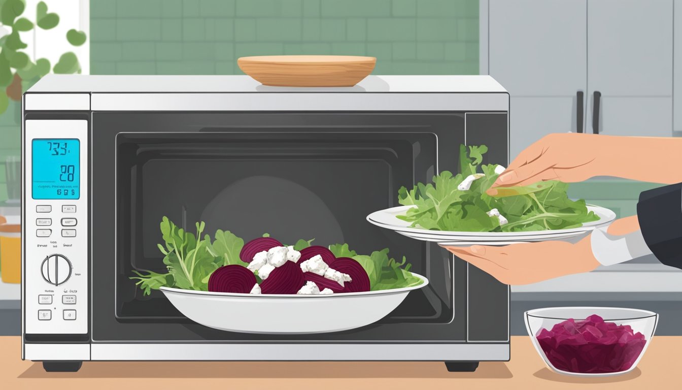 A person placing a beet and goat cheese salad in a microwave, then transferring it to a plate with fresh greens and drizzling with vinaigrette