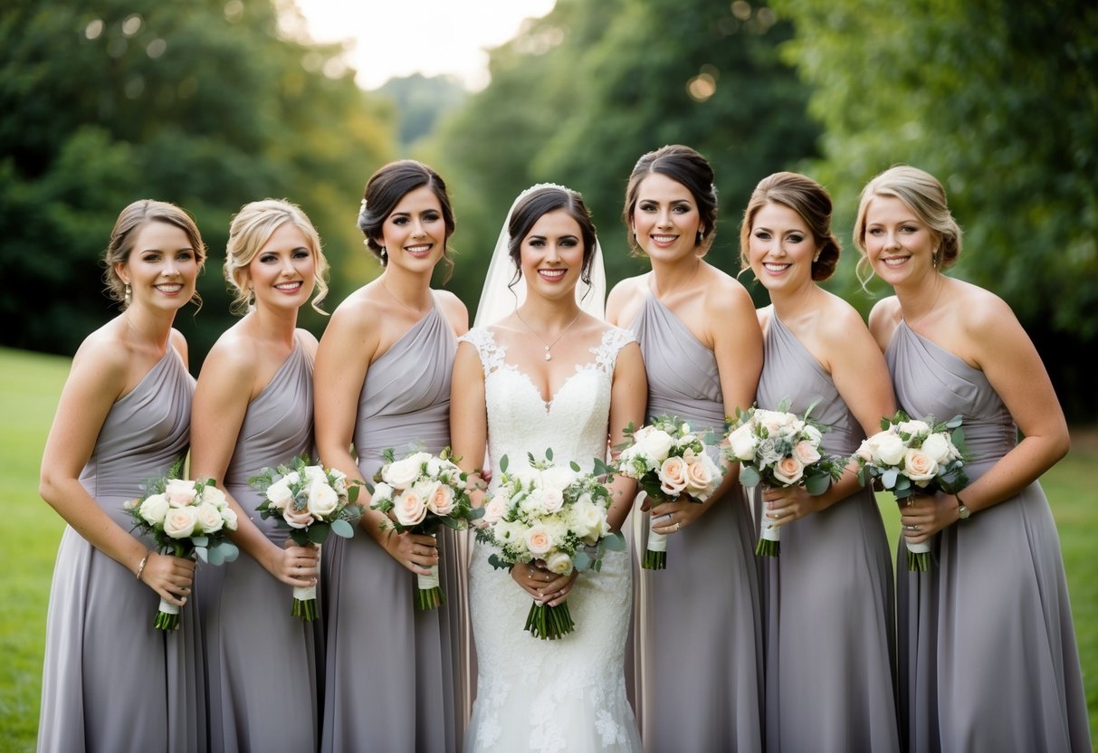 A wedding party with the groom's sister standing alongside the bridesmaids, all smiling and holding bouquets