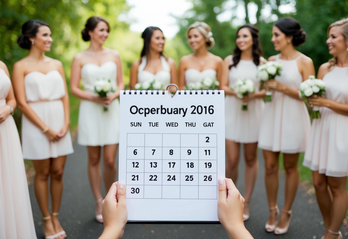 A calendar with a blank wedding date page, surrounded by a group of potential bridesmaids waiting to be asked
