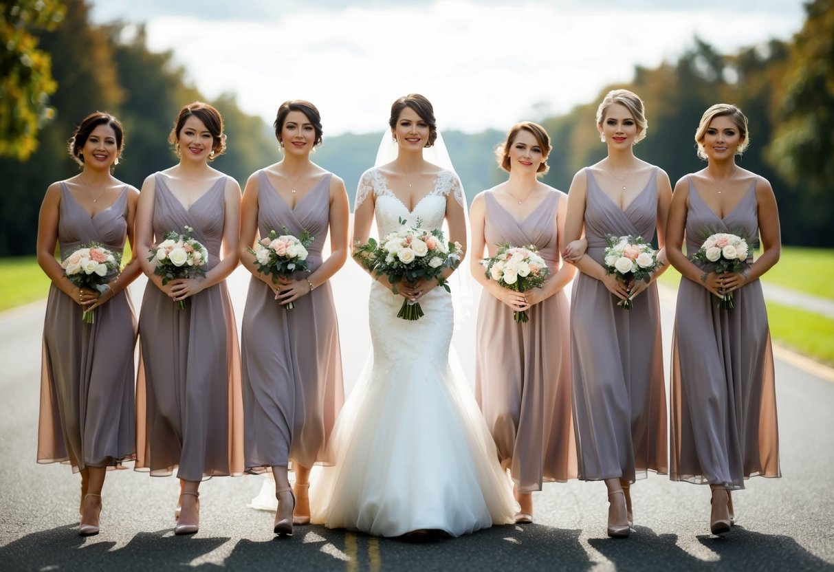 Bridesmaids walk before the bride, holding bouquets