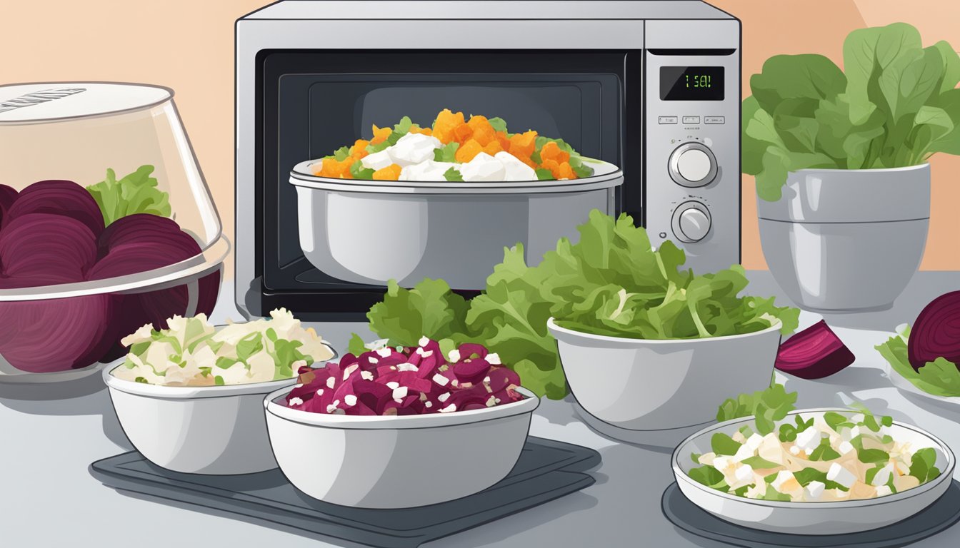 A microwave next to a bowl of beet and goat cheese salad, with a lid partially covering the bowl to maintain freshness