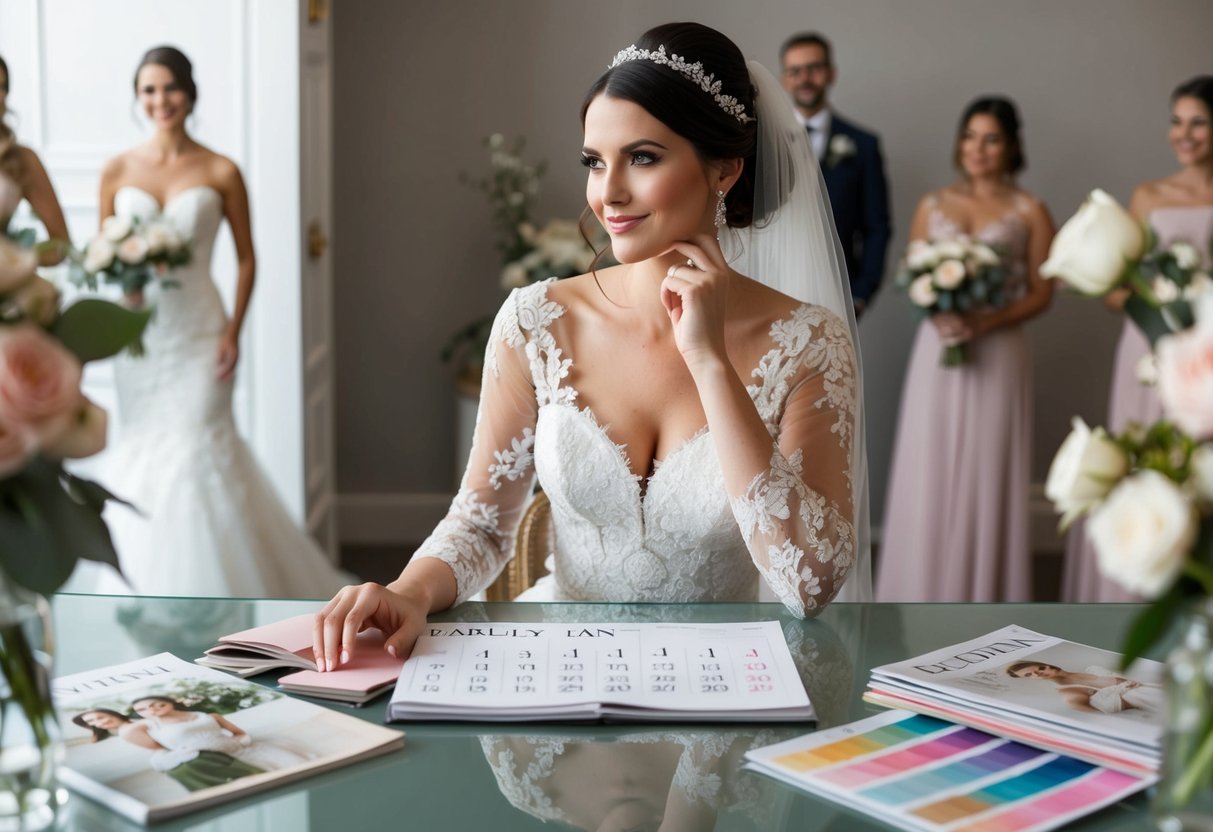 A bride sits at a desk with a calendar, surrounded by bridal magazines and swatches, pondering her wedding date before selecting her bridal party