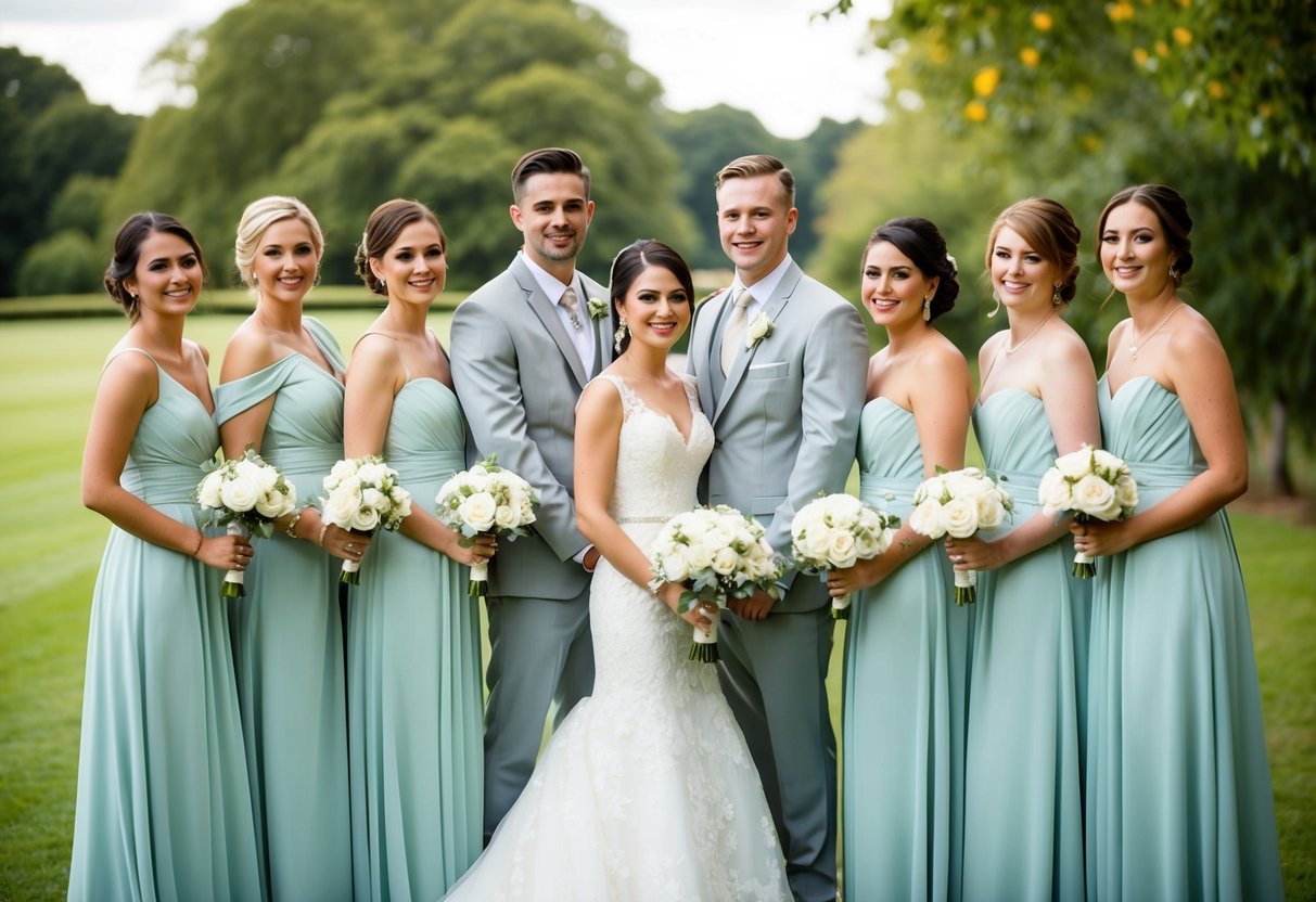 A group of bridesmaids and groomsmen stand together, with the groom's sister included among the bridesmaids, all dressed in elegant wedding attire