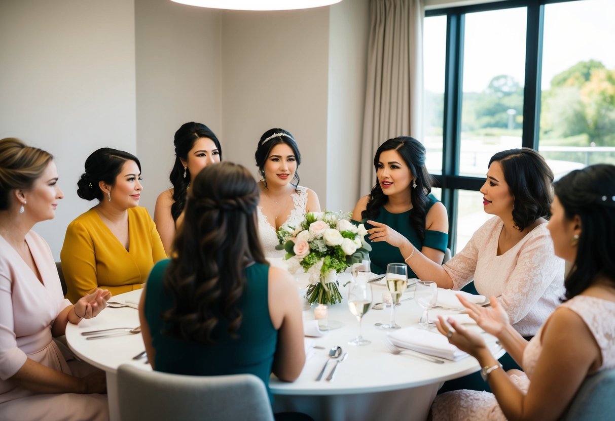 A group of women gathered around a table, discussing and debating the question of whether the groom's sister should be a bridesmaid
